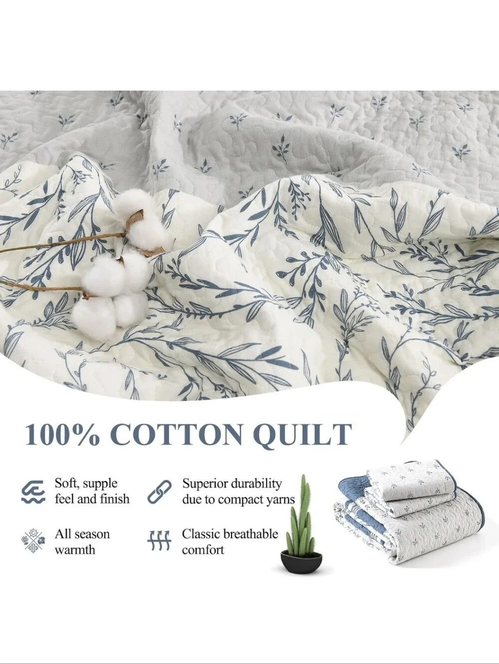 DDUOXIN 100% Cotton King Quilt - Modern Stripe Botanical Quilts 2 Pillow Shams
